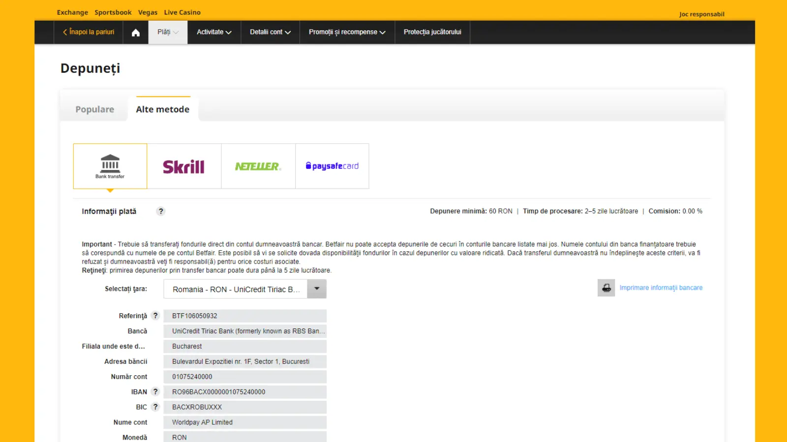 Recenzie și păreri Betfair Depuneri și retrageri