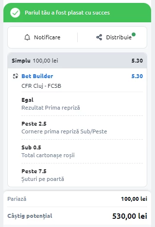 Bet Builder in Cota 5.30 pentru CFR Cluj vs FCSB - Cote Betano