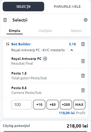 Ponturi Antwerp vs Westerlo - Betbuilder in cota 2.18