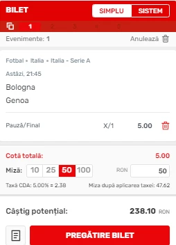Pauza/Final in cota 5.00 pentru meciul din Seria A