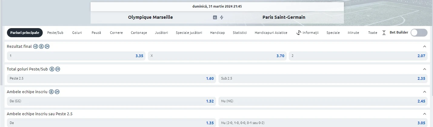 Marseille vs PSG - Mizam pe cota 2 in Le Classique