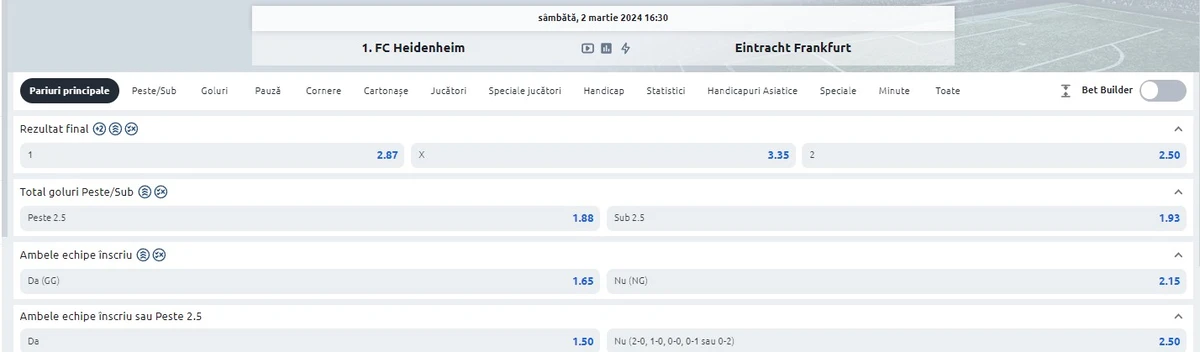 Ponturi Heidenheim vs Frankfurt - Bundesliga
