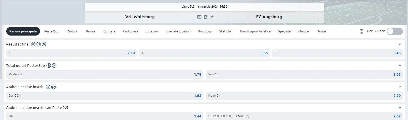 Ponturi Wolfsburg vs Augsburg - Bundesliga