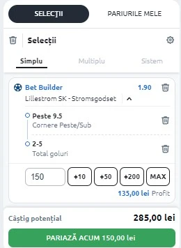 Ponturi Lillestrom vs Stromsgodset - Bet Builder