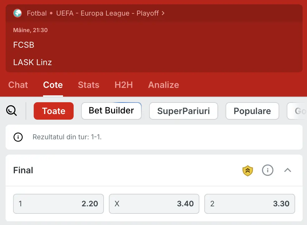 Cote pariuri FCSB - LASK la Superbet