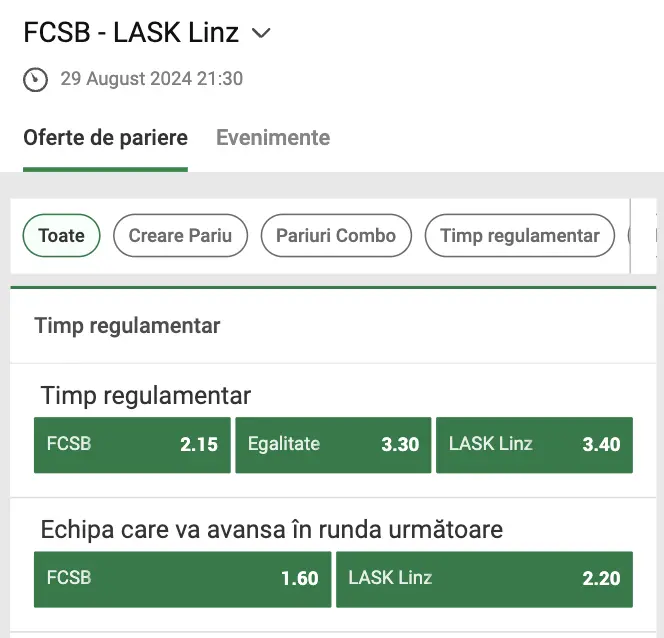 Cote pariuri FCSB - LASK la Unibet