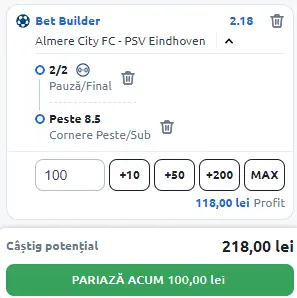 Almere vs PSV Eindhoven - Bet Builder in cota 2