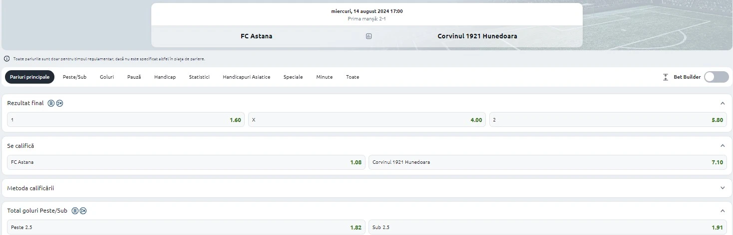 Astana vs Corvinul - Ponturi parirui Conference League