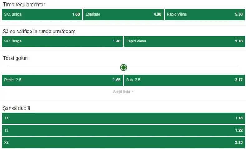 Cote pariuri Braga vs Rapid Viena