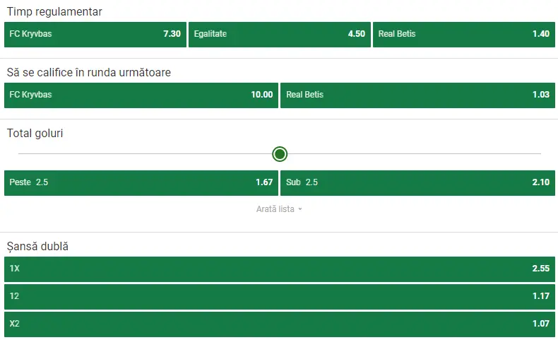 Cote pariuri Kryvbas vs Real Betis