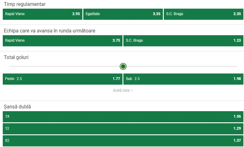 Cote pariuri Rapid Viena vs Braga