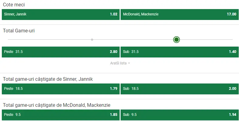 Cote pariuri Sinner vs McDonald