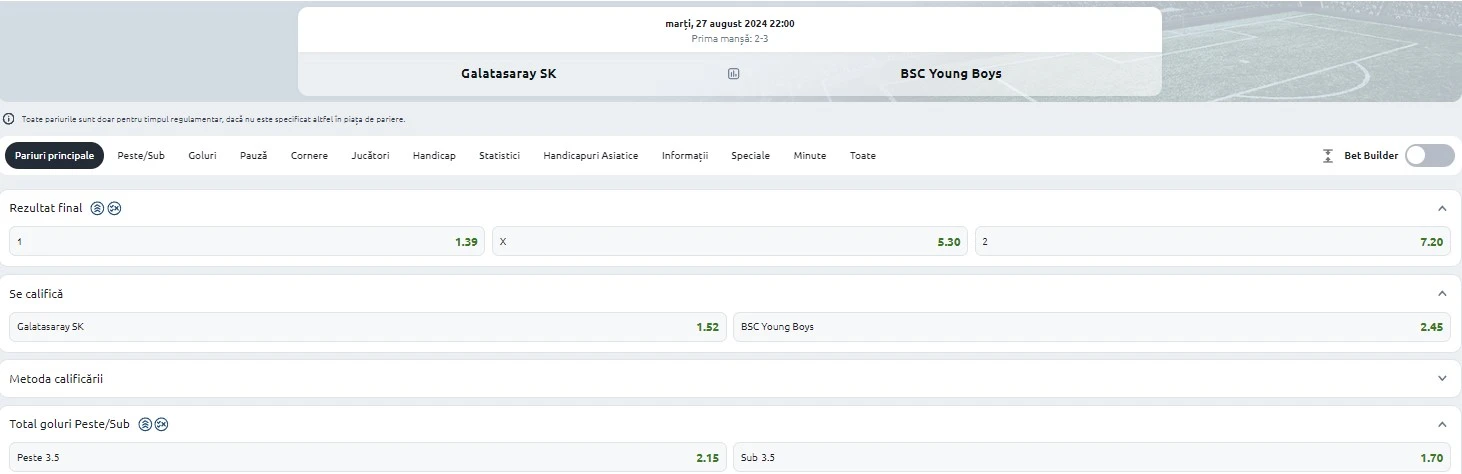 Galatasaray vs Young Boys - Ponturi pariuri Champions League