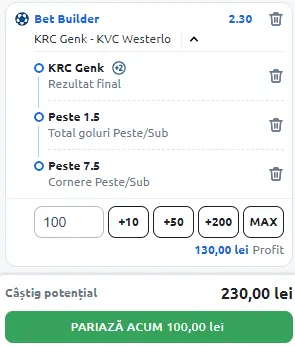 Genk vs Westerlo - Bet Builder in cota 2