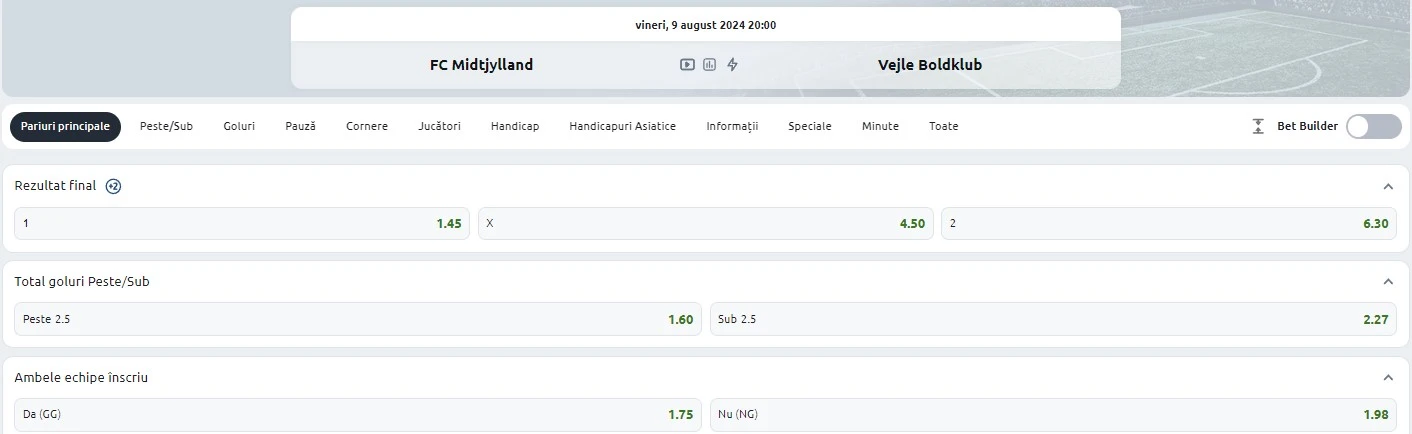 Midtjylland vs Velje - Bet builder