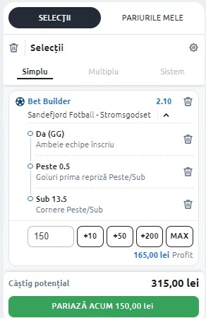 Sandefjord vs Stromsgodset - Bet Builder in Cota 2