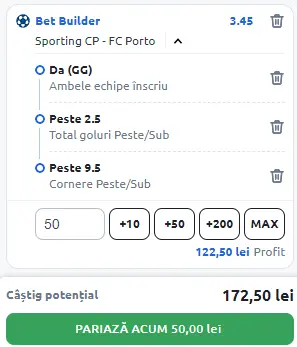 Sporting Lisabona vs FC Porto - Bet Builder în cota 3