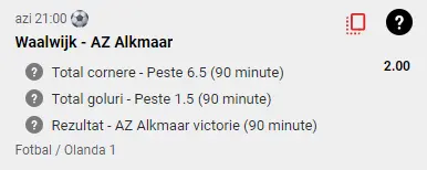 Waalwijk vs AZ Alkmaar - pariem gratuit cu 50 RON bonus