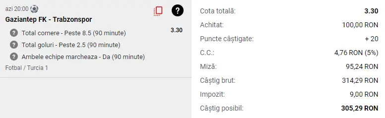 Gaziantep vs Trabzonspor - Bet Builder Cota 3