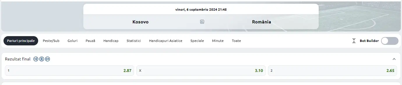 Cote pariuri oferite de Betano pentru Kosovo - România