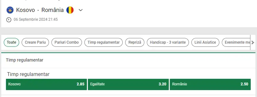 Cotele la pariuri pentru Kosovo - România la Unibet sunt:
