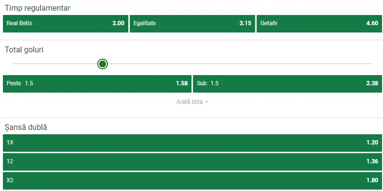 Cote pariuri Real Betis vs Getafe