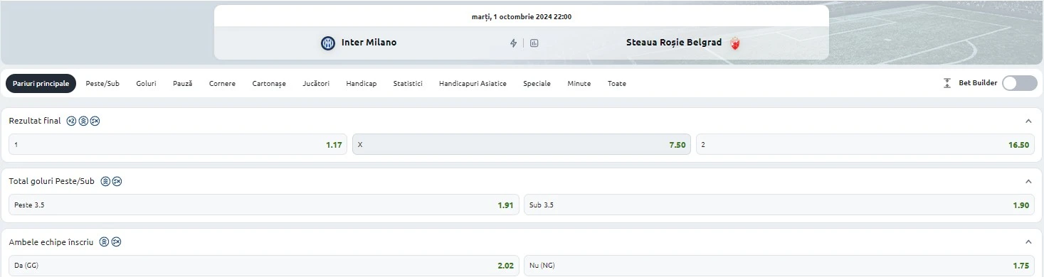 Cote pariuri Inter vs Steaua Roșie