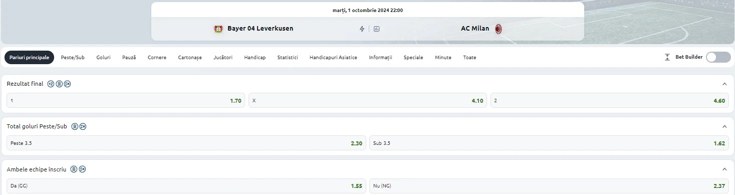 Cote pariuri Leverkusen vs AC Milan