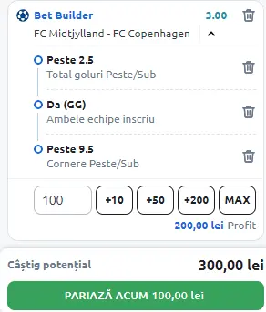 Midtjylland vs FC Copenhaga - Bet Builder în cota 3