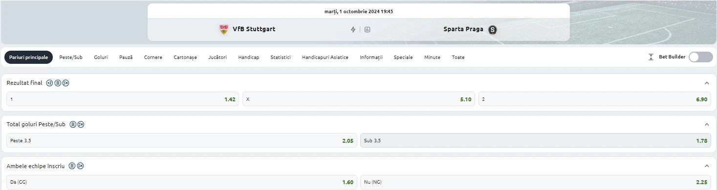 Cote pariuri Stuttgart vs Sparta Praga