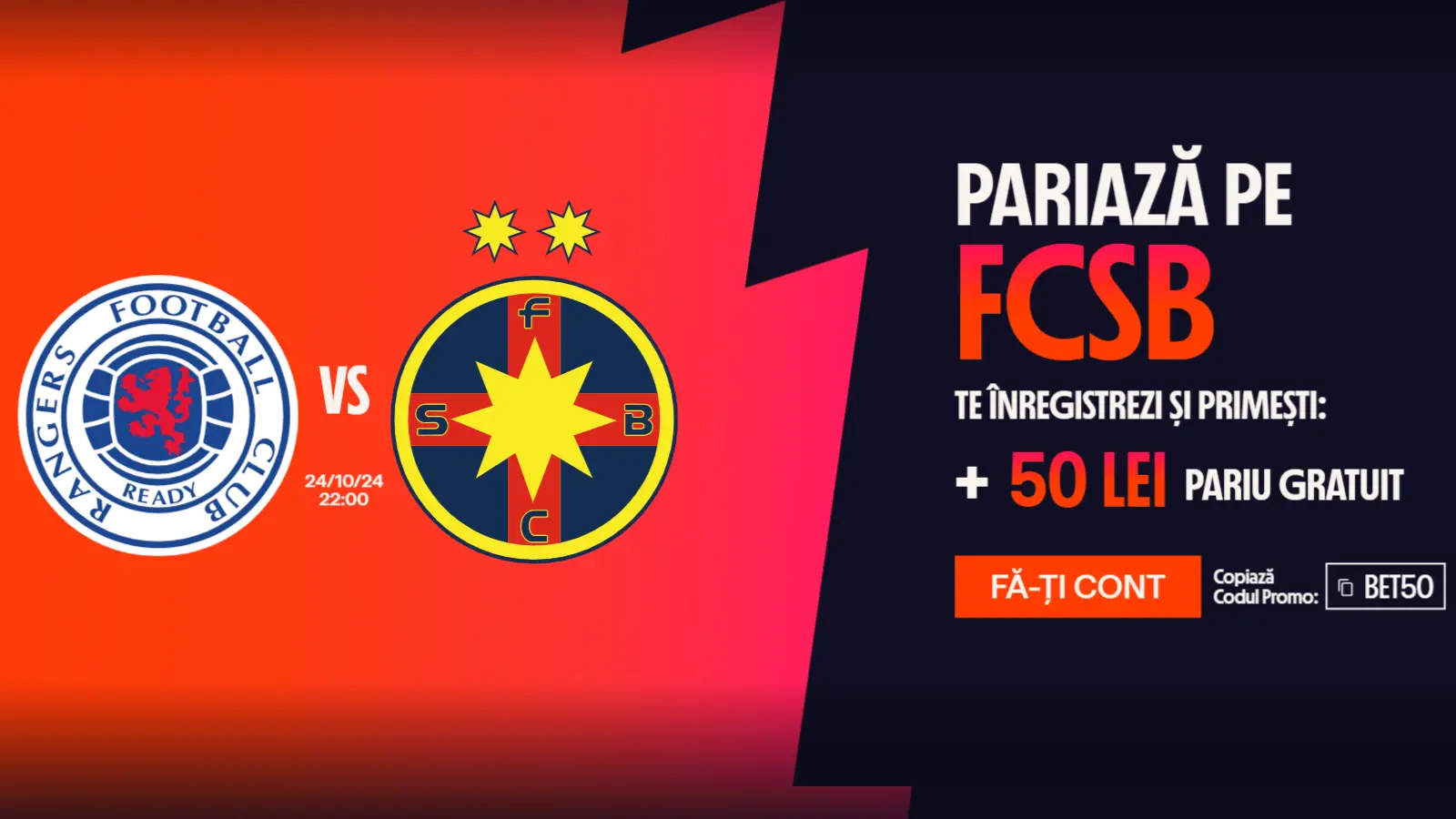 Bonus Fără Depunere Rangers vs FCSB - 50 RON FreeBet + 500 Rotiri Gratuite