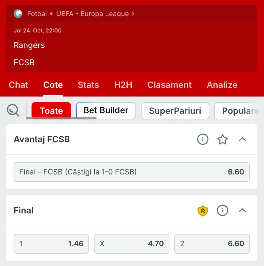 Ce cote Rangers vs FCSB acordă Superbet?