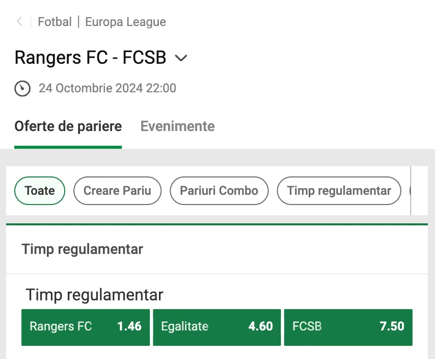 Cote Rangers vs FCSB în oferta Unibet