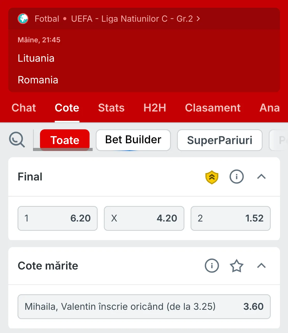 Cote Superbet pentru meciul Lituania - România din Nations League