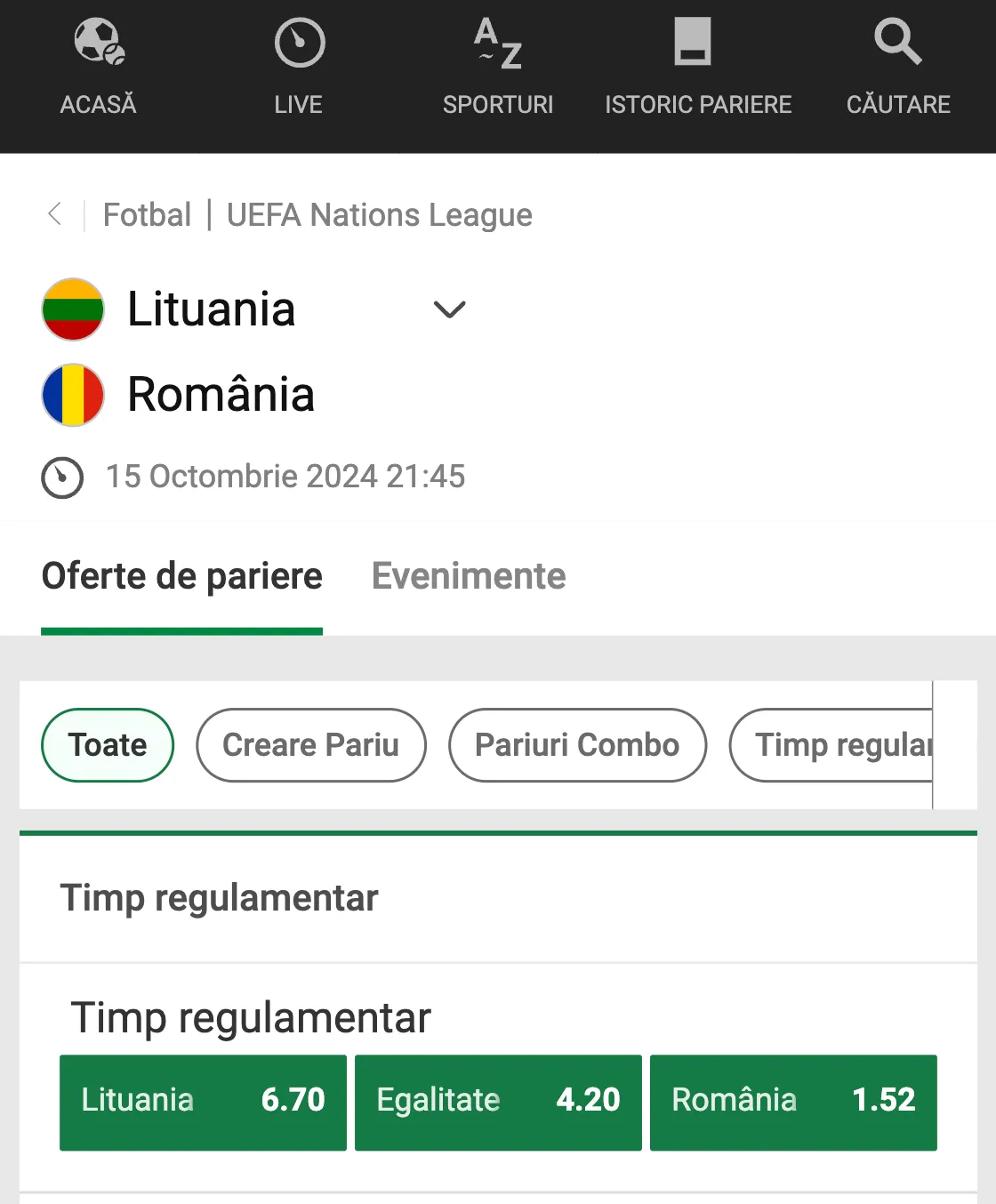 Cote la pariuri Lituania - România de la Unibet