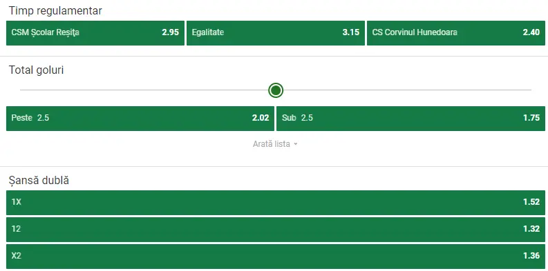 Cote pariuri CSM Reșița vs Corvinul