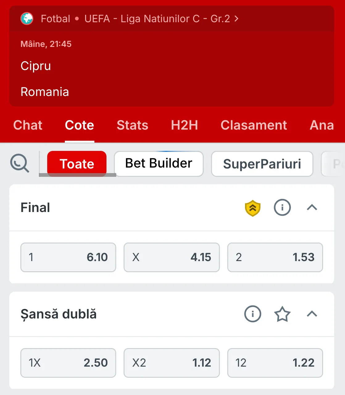 Cote pariuri Cipru - România la Superbet