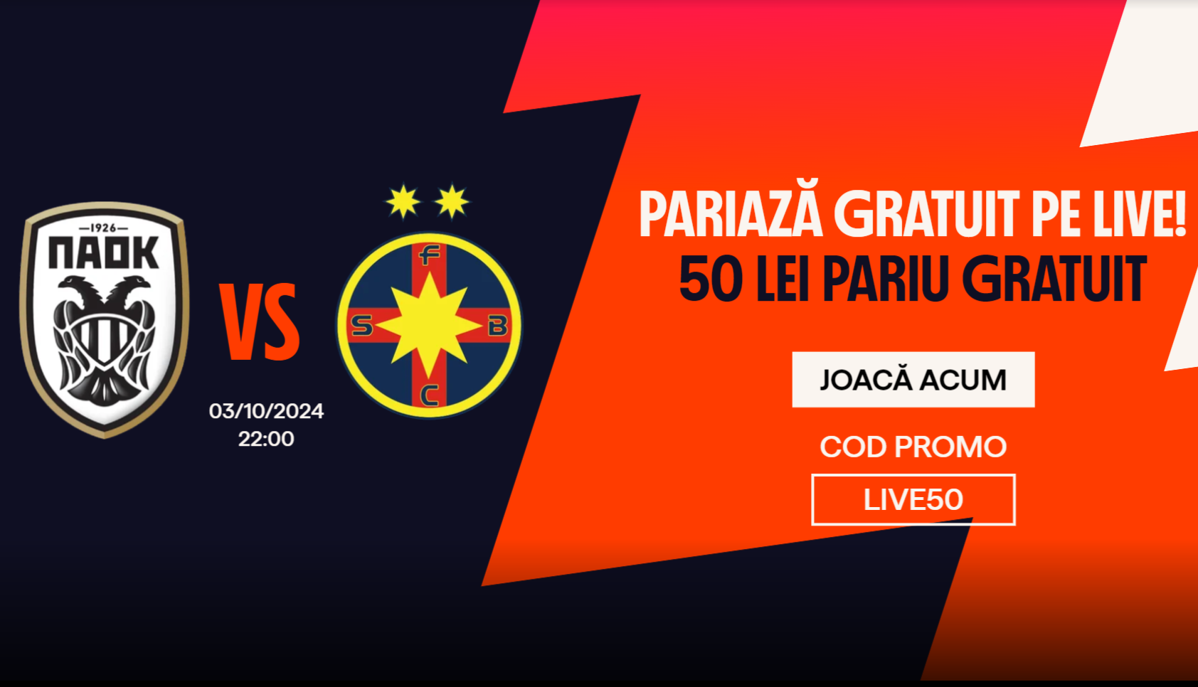 PAOK vs FCSB: cum poți paria gratis cu 50 RON FreeBet