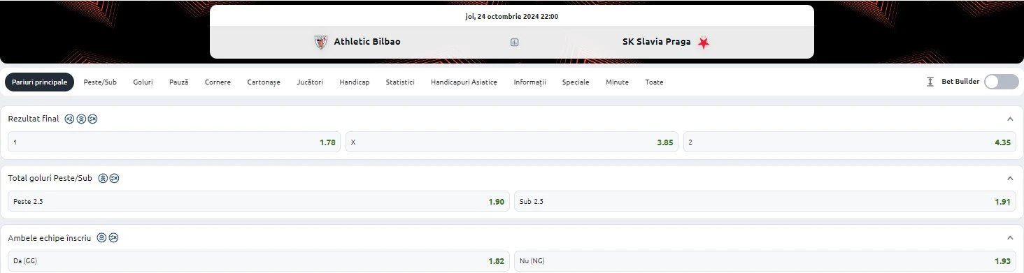Cote pariuri Athletic Bilbao vs Slavia Praga