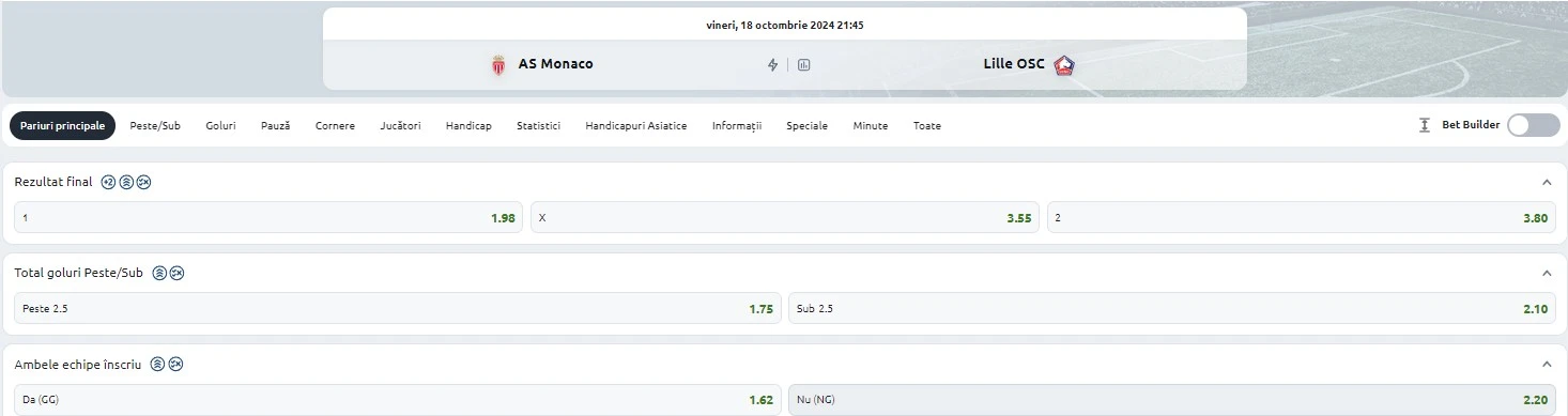 Cote pariuri Monaco vs Lille