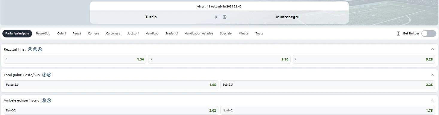 Cote pariuri Turcia vs Muntenegru