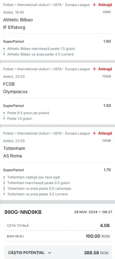 Biletul Zilei din Super Pariuri Europa League