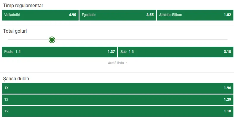 Cote pariuri Real Valladolid - Athletic Bilbao