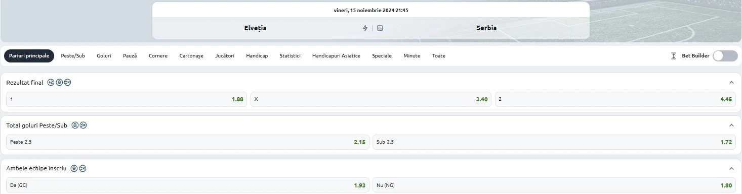 Cote pariuri Elveția vs Serbia