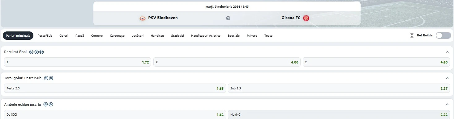 Cote pariuri PSV vs Girona