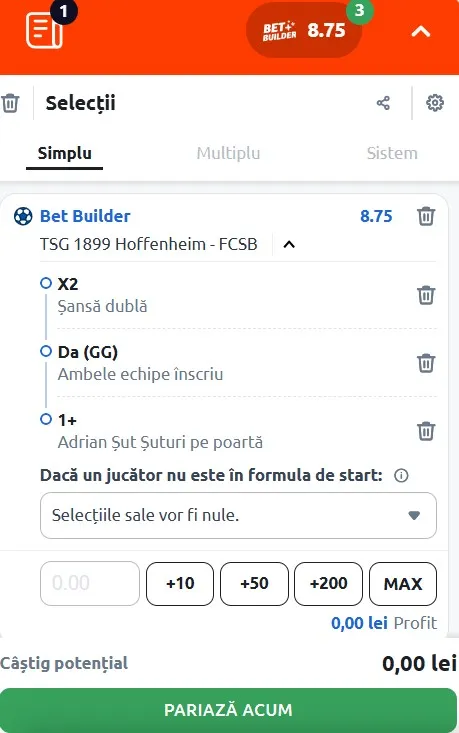 Bet Builder Hoffenheim - FCSB Betano