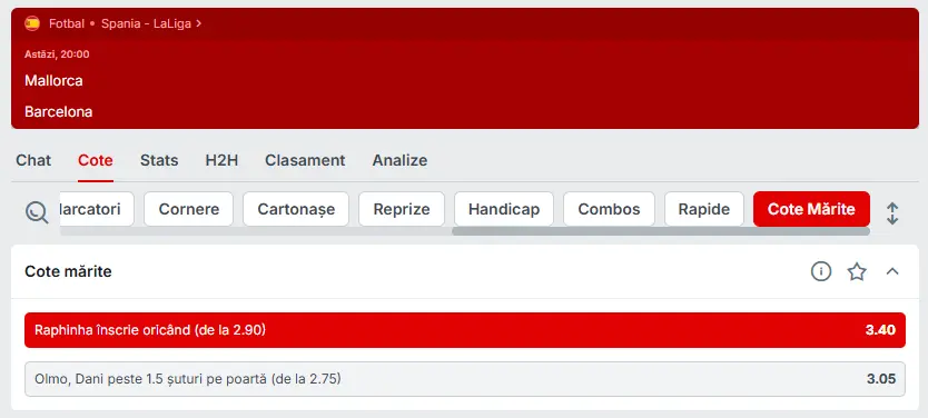 Cotă Mărită la Mallorca vs Barcelona