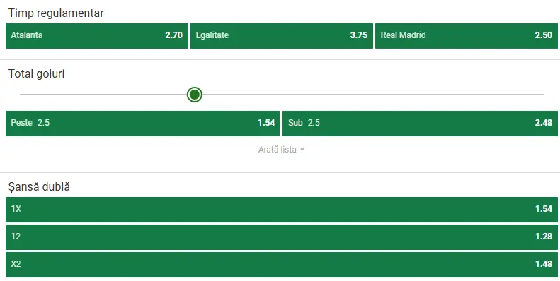 Cote pariuri Atalanta vs Real Madrid