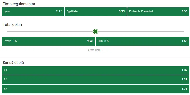 Cote pariuri Lyon vs Eintracht Frankfurt