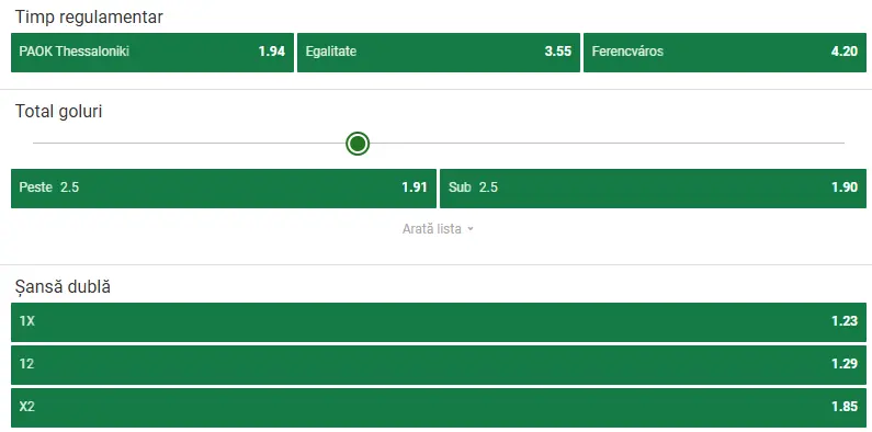 Cote pariuri PAOK vs Ferencvaros